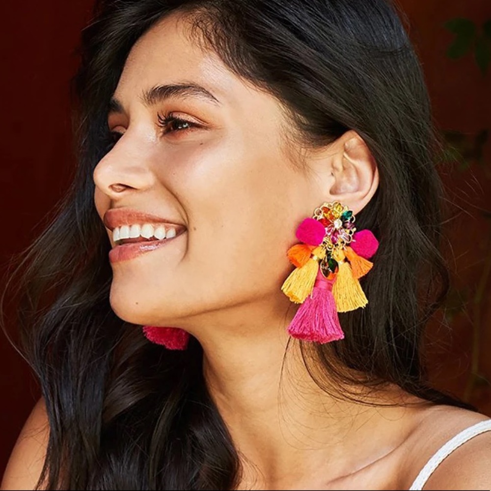 Colorful Boho Mandala Spectrum Rhinestone Tassel Pom Pom Earrings